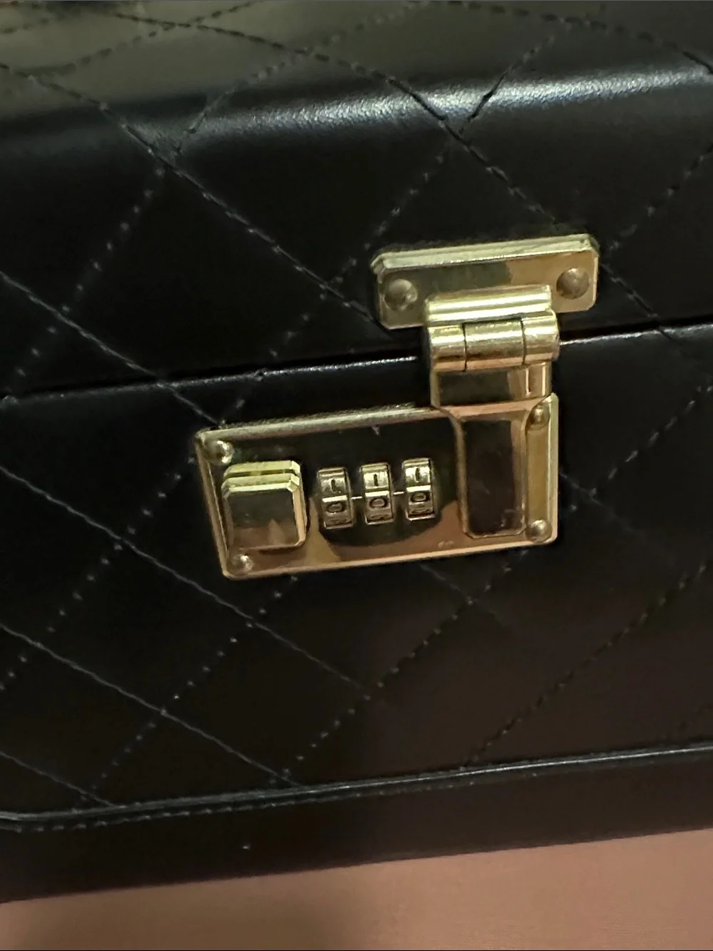 Quilted Black Leather Train Case with Gold Hardware